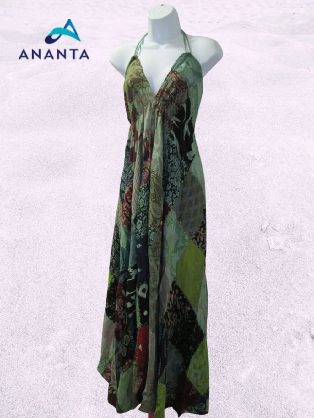 Green Patchwork Boho Ananta Halter Dress NWT Sz OS